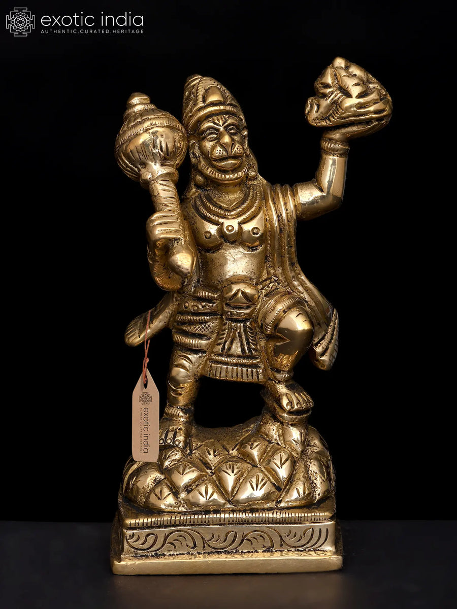 4" Brass Hanuman Statue Lifting Sanjeevani Mountain Handmade