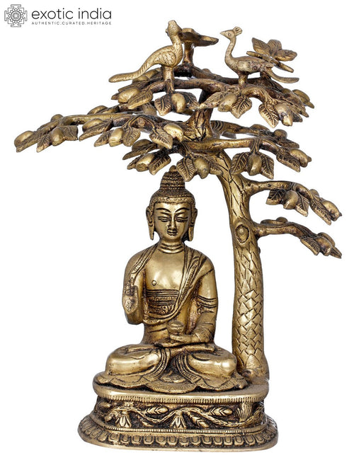 12" Buddha Under Bodhi Tree Brass Handmade Statue