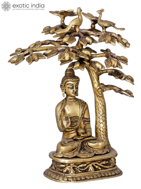 12" Tibetan Buddhist Deity Buddha Under Bodhi Tree in Brass | Handmade