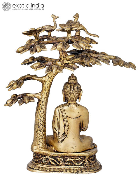 12" Tibetan Buddhist Deity Buddha Under Bodhi Tree in Brass | Handmade