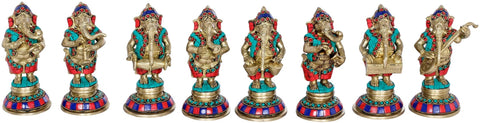 6" Set of Eight Musical Ganeshas In Brass | Handmade | Made In India