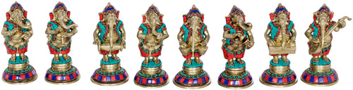 6" Handmade Brass Ganesh Statues Set of Eight Musical Idols