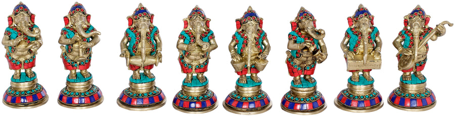 6" Handmade Brass Ganesh Statues Set of Eight Musical Idols
