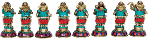 6" Set of Eight Musical Ganeshas In Brass | Handmade | Made In India