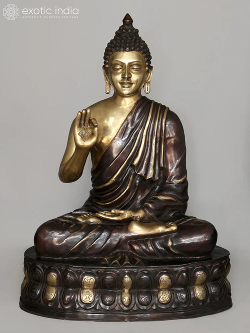 56" Large Brass Lord Buddha Seated on Double Lotus Handmade Statue
