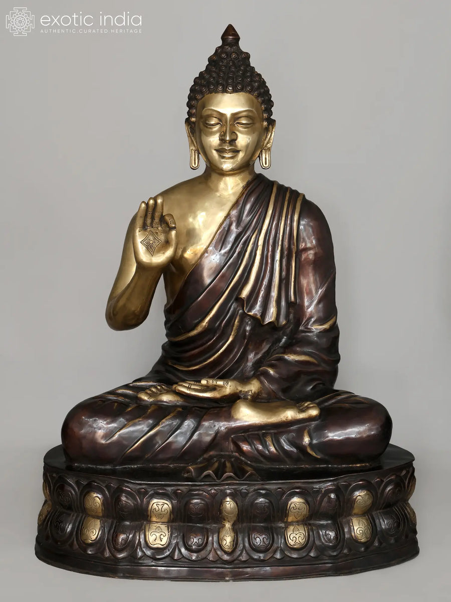 56" Large Brass Lord Buddha Seated on Double Lotus Handmade Statue