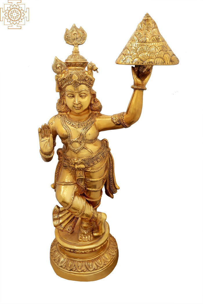 47" Shri Krishna Lifting Govardhana Mountain | Handmade Large Size Brass Statue