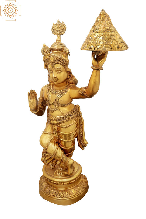 47" Shri Krishna Lifting Govardhana Mountain | Handmade Large Size Brass Statue