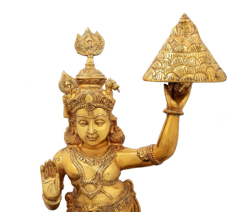 47" Shri Krishna Lifting Govardhana Mountain | Handmade Large Size Brass Statue