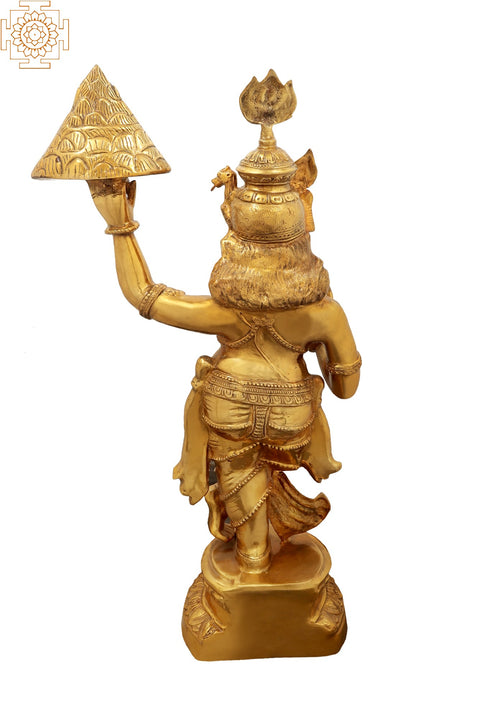 47" Shri Krishna Lifting Govardhana Mountain | Handmade Large Size Brass Statue