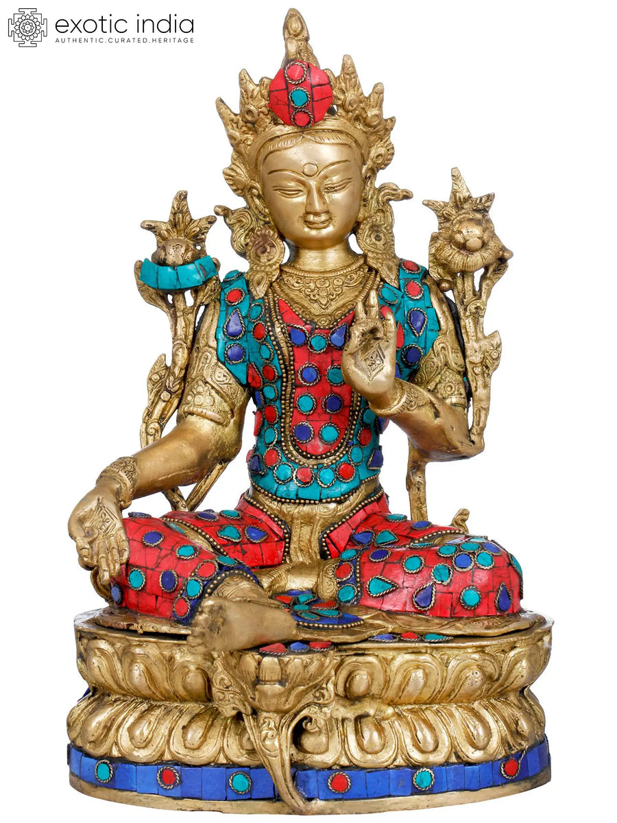 12" Green Tara Brass Statue Handmade Buddhist Goddess
