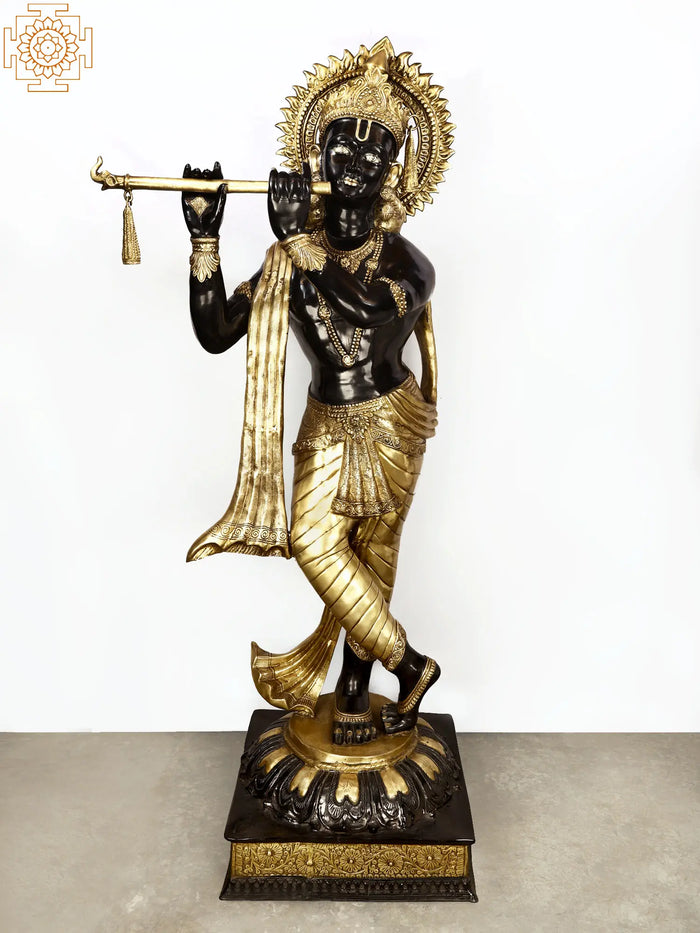 79" Super Large Murli Krishna Idol Adorned with Long Scarf | Handmade Brass Statue