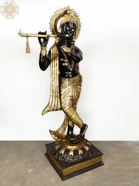 79" Super Large Murli Krishna Idol Adorned with Long Scarf | Handmade Brass Statue