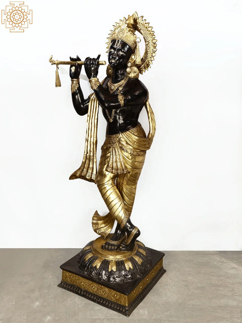 79" Super Large Murli Krishna Idol Adorned with Long Scarf | Handmade Brass Statue