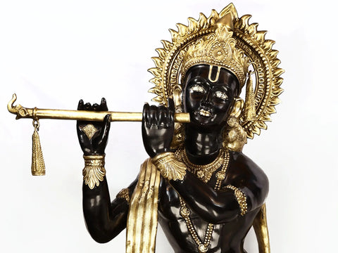 79" Super Large Murli Krishna Idol Adorned with Long Scarf | Handmade Brass Statue