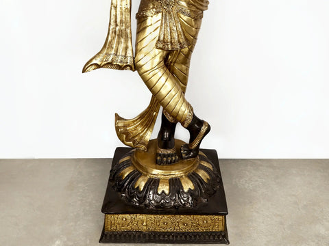 79" Super Large Murli Krishna Idol Adorned with Long Scarf | Handmade Brass Statue