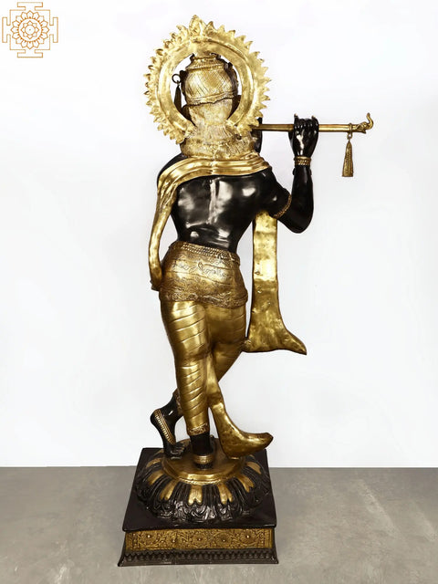 79" Super Large Murli Krishna Idol Adorned with Long Scarf | Handmade Brass Statue