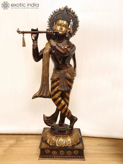 79" Super Large Murli Krishna Idol Adorned with Long Scarf | Handmade Brass Statue