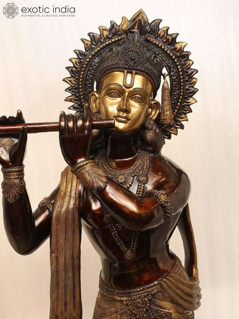 79" Super Large Murli Krishna Idol Adorned with Long Scarf | Handmade Brass Statue