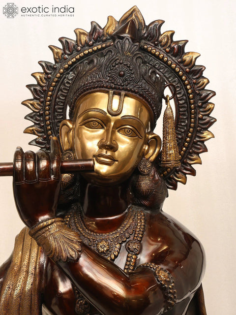 79" Super Large Murli Krishna Idol Adorned with Long Scarf | Handmade Brass Statue