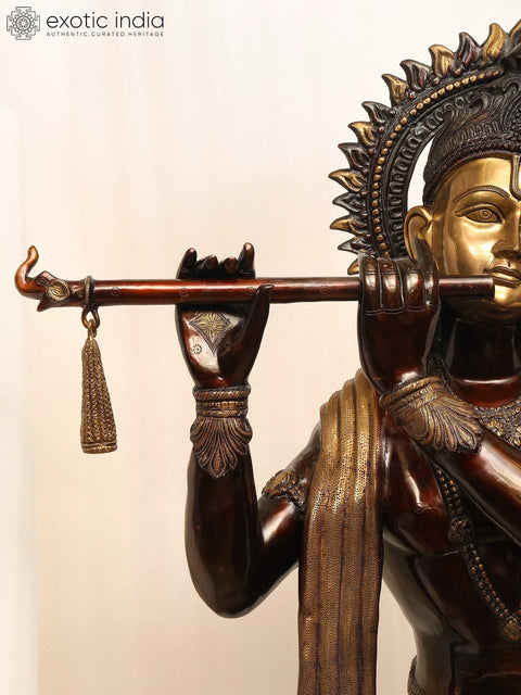 79" Super Large Murli Krishna Idol Adorned with Long Scarf | Handmade Brass Statue