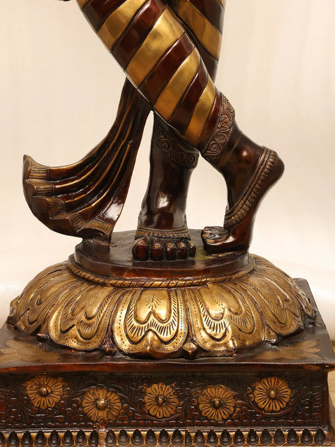 79" Super Large Murli Krishna Idol Adorned with Long Scarf | Handmade Brass Statue