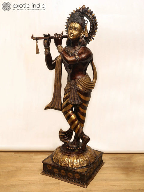 79" Super Large Murli Krishna Idol Adorned with Long Scarf | Handmade Brass Statue