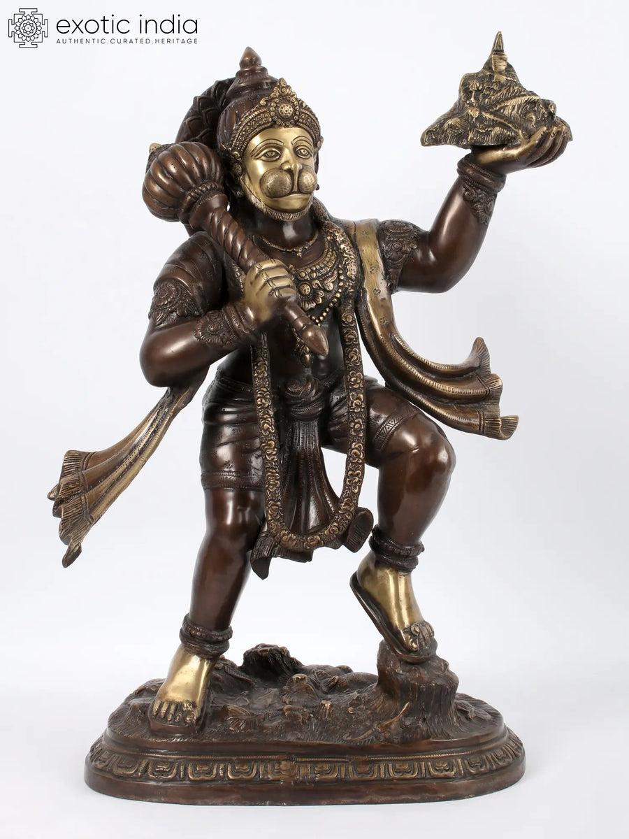 Brown Handmade Brass Hanuman Idol Carrying Sanjeevani Mountain Statue
