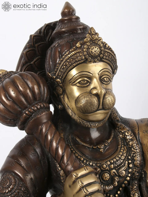 Brown Colour Lord Hanuman Idol Carrying Mountain of Sanjeevani Herbs | Brass Statue