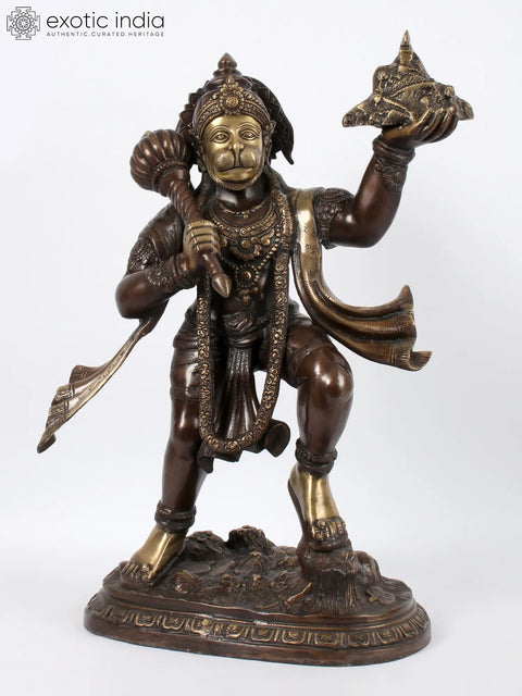 Brown Colour Lord Hanuman Idol Carrying Mountain of Sanjeevani Herbs | Brass Statue