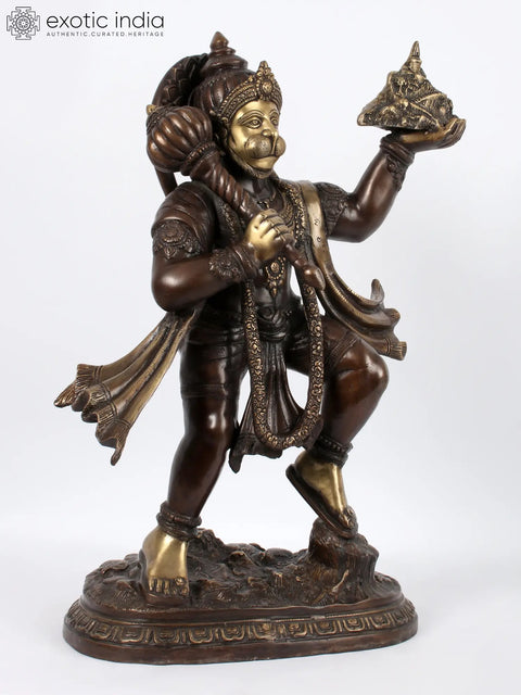 Brown Colour Lord Hanuman Idol Carrying Mountain of Sanjeevani Herbs | Brass Statue