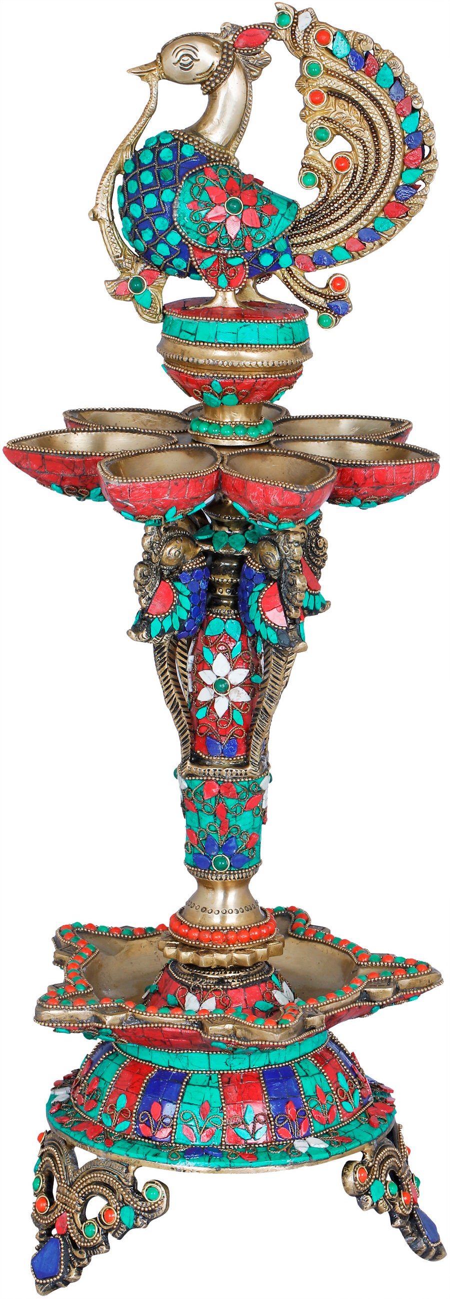 22" Brass Peacock Inlay Oil Lamp with Twelve Wicks Handmade