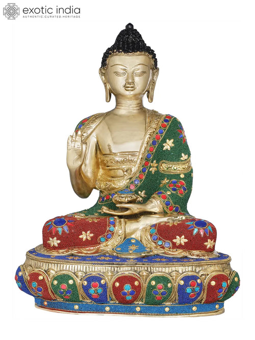 15" Tibetan Buddhist Lord Buddha Brass Statue with Pearl Inlay Handmade