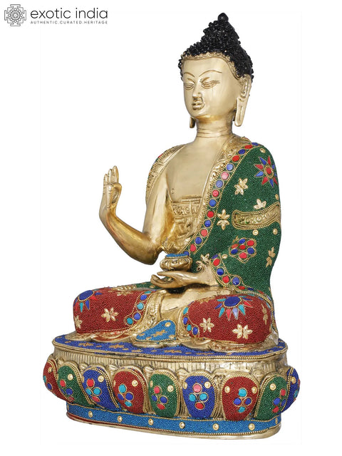 15" Tibetan Buddhist Lord Buddha Decorated with Inlay Pearls In Brass | Handmade | Made In India