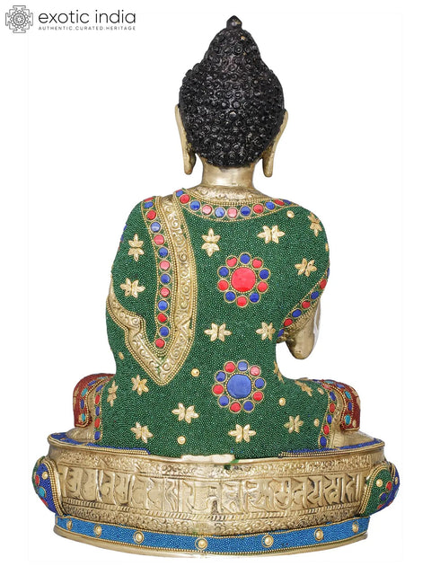 15" Tibetan Buddhist Lord Buddha Decorated with Inlay Pearls In Brass | Handmade | Made In India