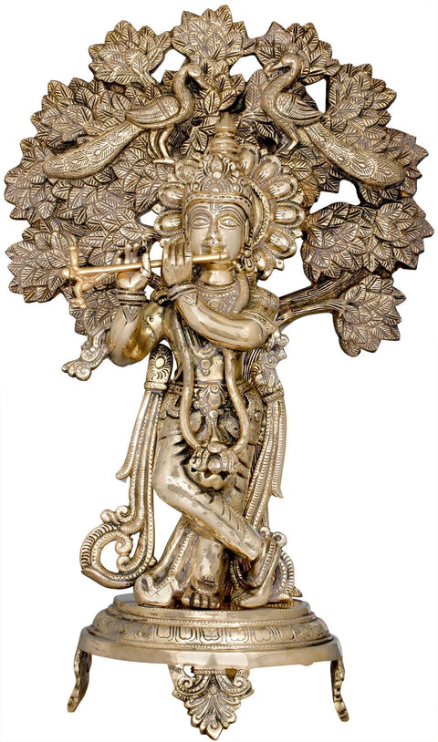 18" Krishna Playing the Flute Beneath the Backdrop of Tree with Peacocks in Brass
