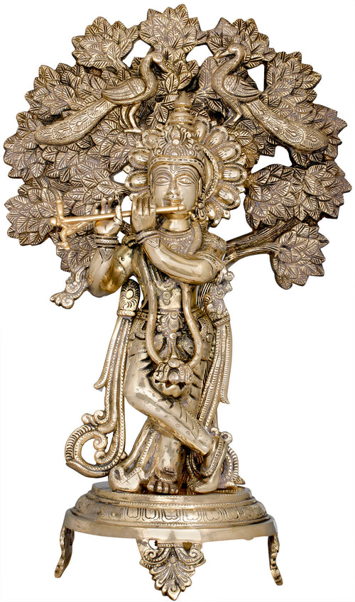 18" Krishna Playing Flute Brass Statue with Peacocks and Tree