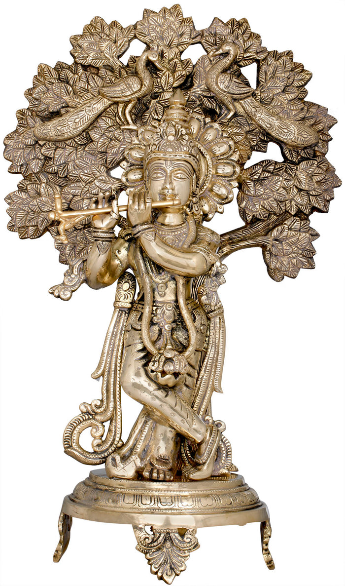 18" Krishna Playing Flute Brass Statue with Peacocks and Tree