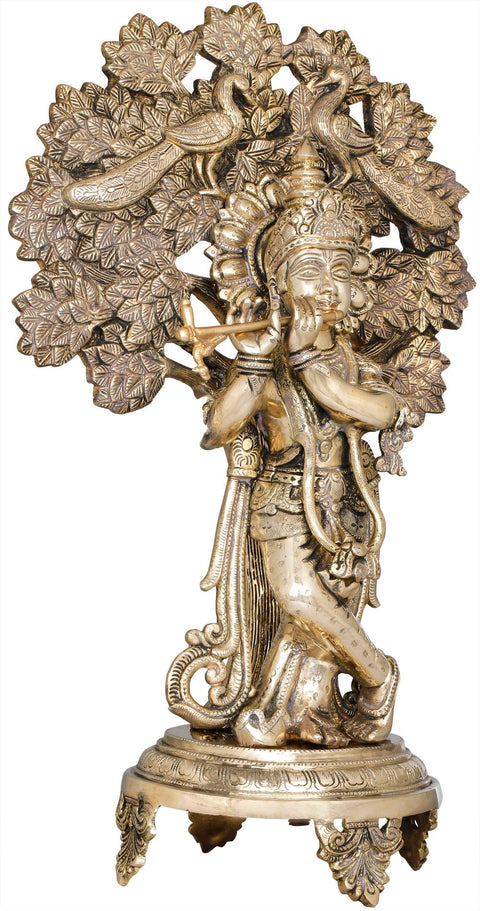 18" Krishna Playing the Flute Beneath the Backdrop of Tree with Peacocks in Brass