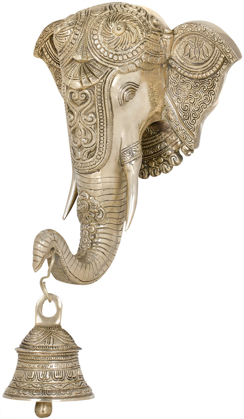 15" Ganesha Mask Wall Hanging Brass Statue With Bell Handmade