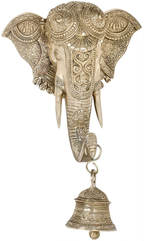 15" Embellished Mask of Shri Ganesha with Bell- Wall Hanging In Brass | Handmade | Made In India
