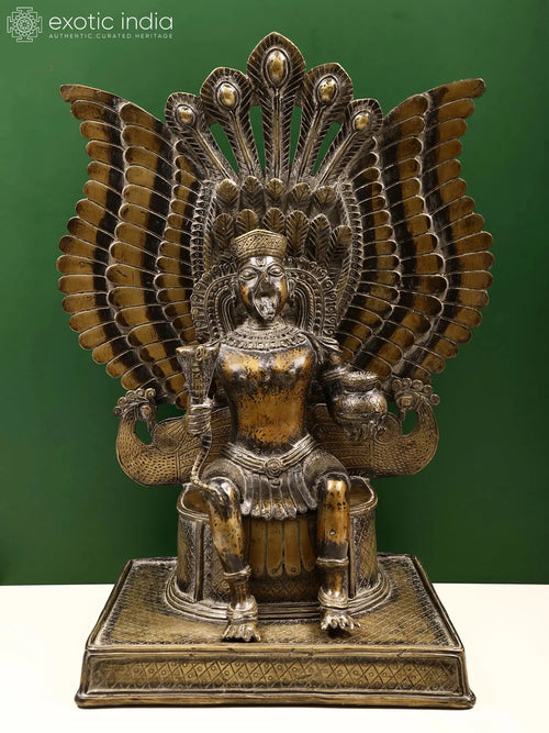 Garuda on Peacock Throne Brass Statue with Amrit Kalasha