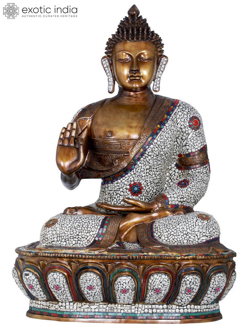 45" Large Inlay Brass Buddha Statue Seated on Lotus | Indian Handcrafted Idol