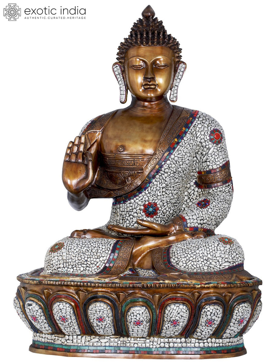 45" Large Inlay Brass Buddha Statue Seated on Lotus Handcrafted Idol
