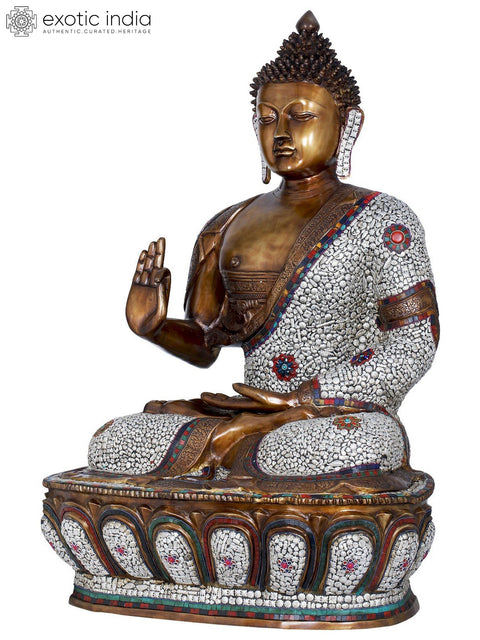 45" Large Inlay Brass Buddha Statue Seated on Lotus | Indian Handcrafted Idol