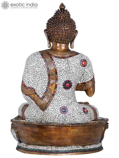 45" Large Inlay Brass Buddha Statue Seated on Lotus | Indian Handcrafted Idol