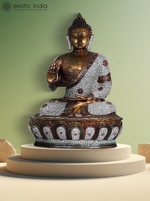 45" Large Inlay Brass Buddha Statue Seated on Lotus | Indian Handcrafted Idol