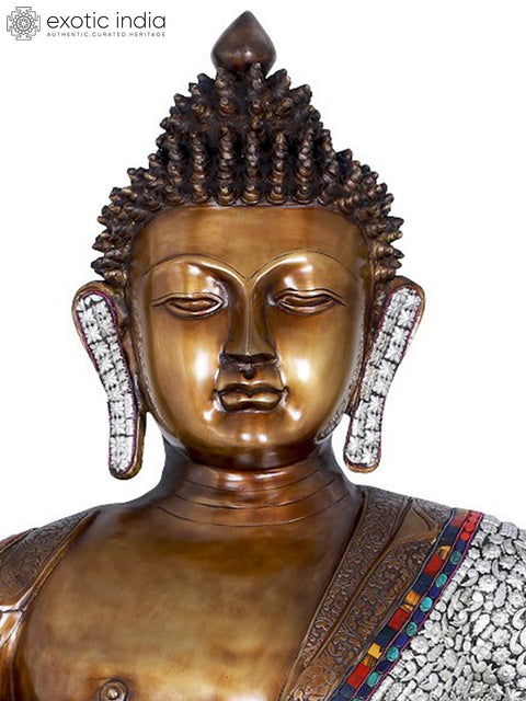 45" Large Inlay Brass Buddha Statue Seated on Lotus | Indian Handcrafted Idol