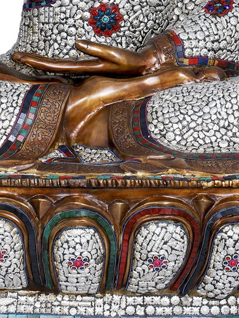 45" Large Inlay Brass Buddha Statue Seated on Lotus | Indian Handcrafted Idol