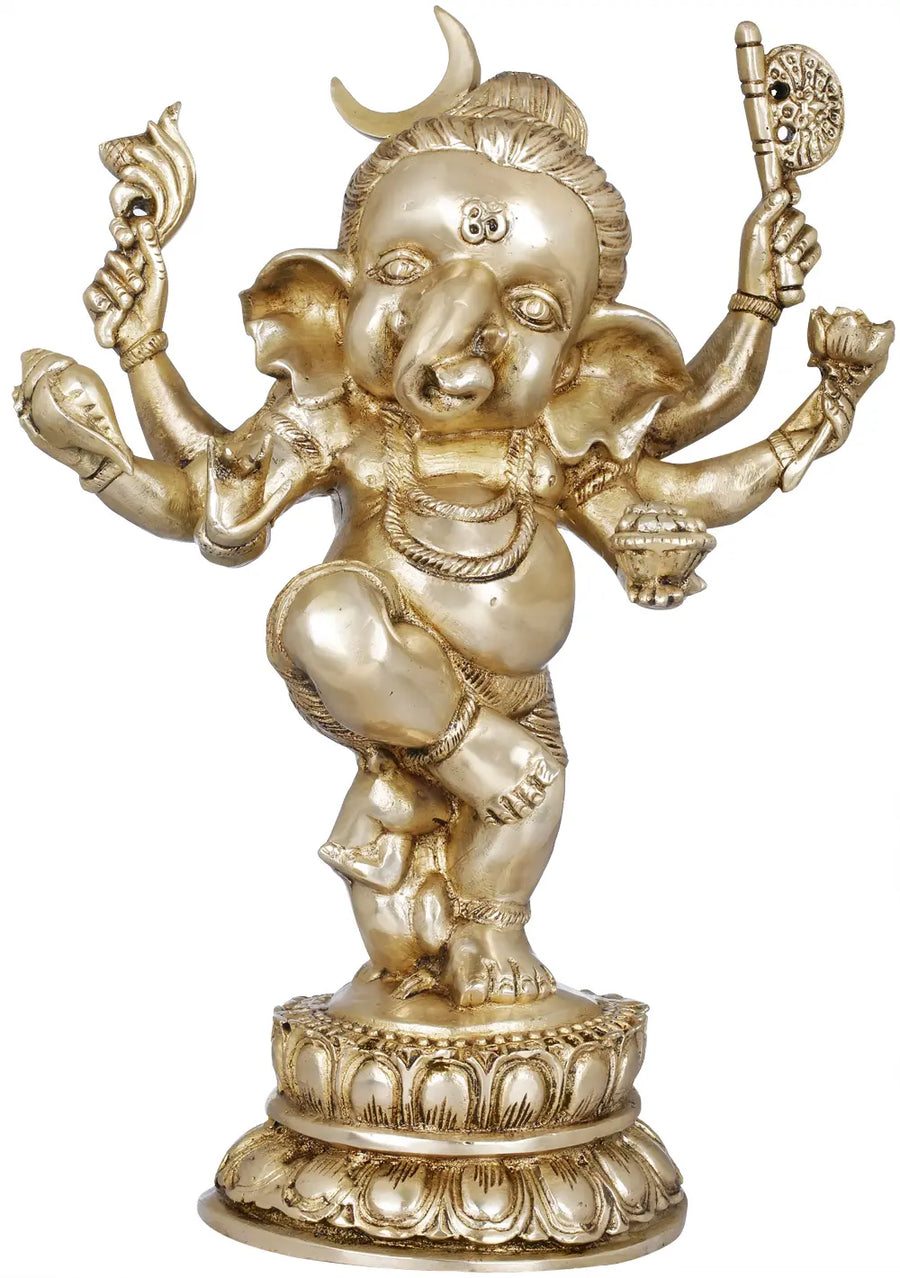 15" Six Armed Dancing Chandra Ganesha Brass Statue Handmade